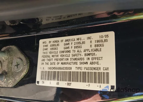 2006 Honda Accord 2.4 Lx z USA, uszkodzony, nr VIN 1HGCM56486A035009